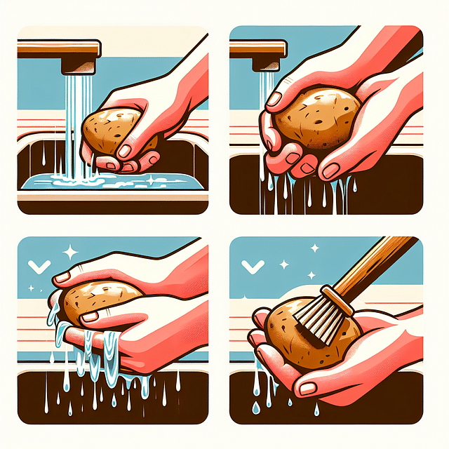 washing and scrubbing potatoes