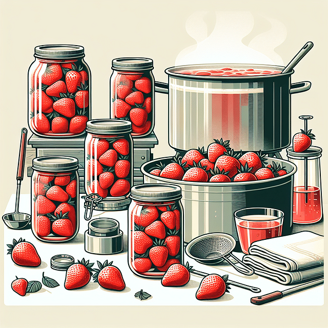 canning supplies for strawberries on kitchen counter