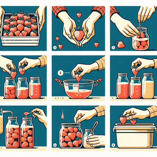 filling canning jars with strawberries and syrup