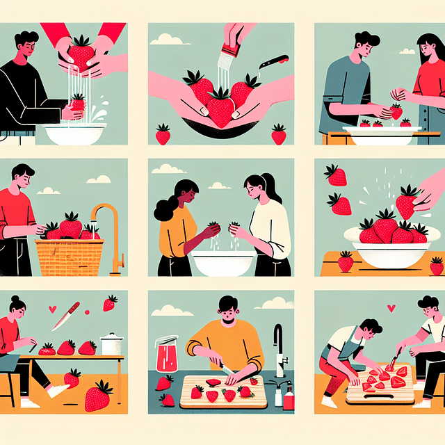 slicing strawberries on a cutting board