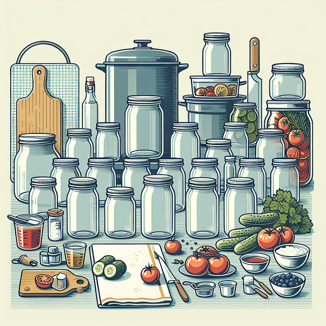 a collection of glass jars on a kitchen counter ready for canning