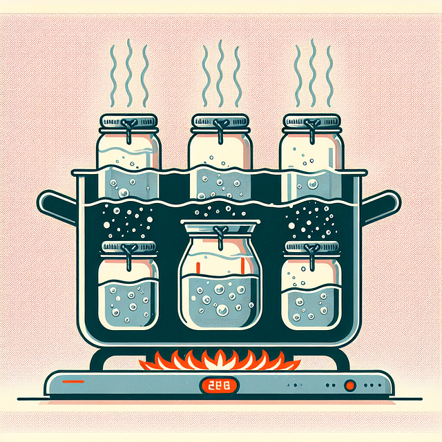 glass jars being sterilized in a pot of simmering water