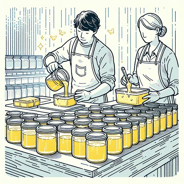 placing lids on jars filled with melted butter