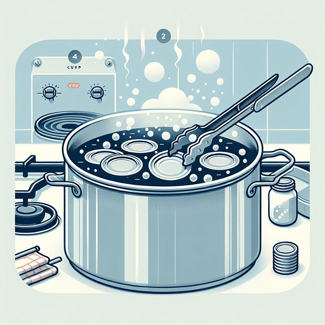 canning lids being sterilized in a pot