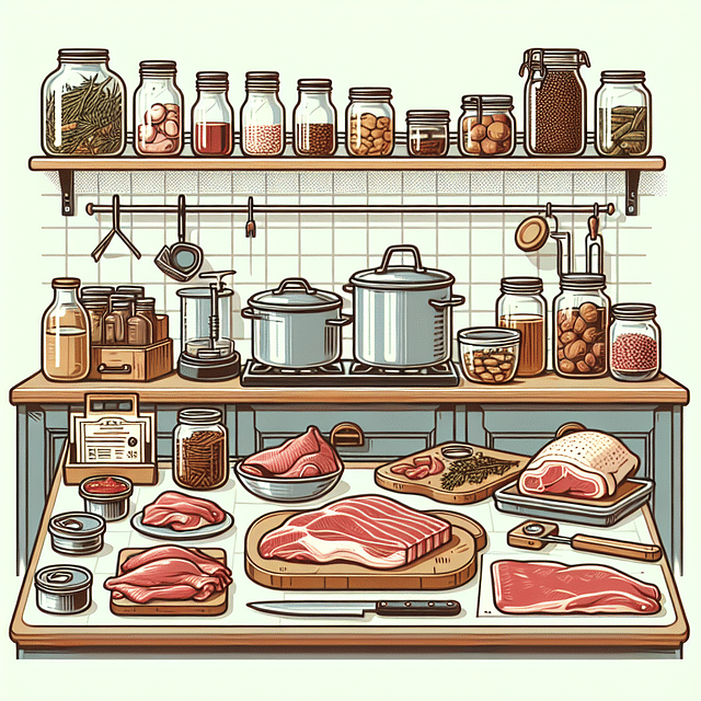 fresh meats and canning supplies laid out on a kitchen counter