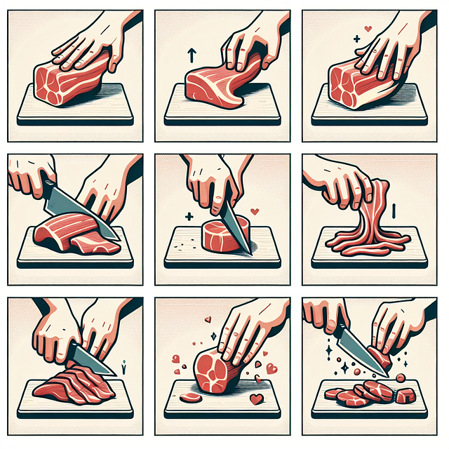 trimming fat from meat and cutting it into pieces