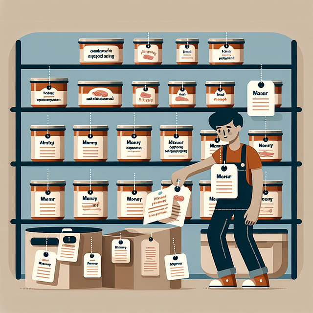 labeling canned meat jars and storing them in a pantry