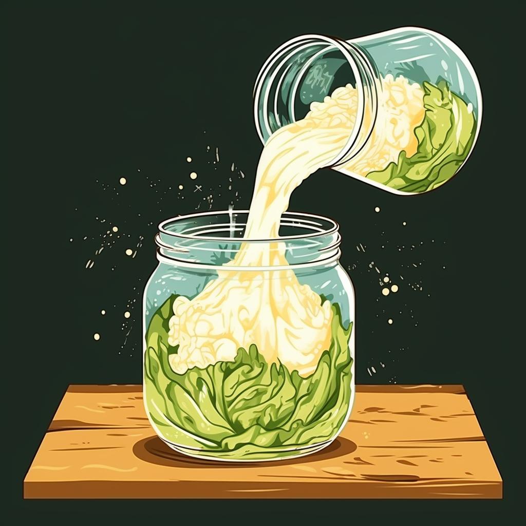 Hot brine being poured over cabbage in a canning jar