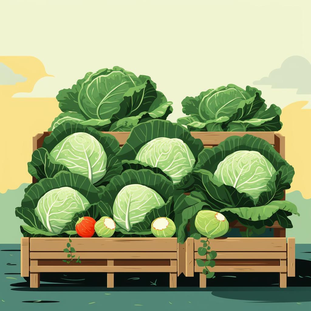 Fresh and firm cabbages on a market stand