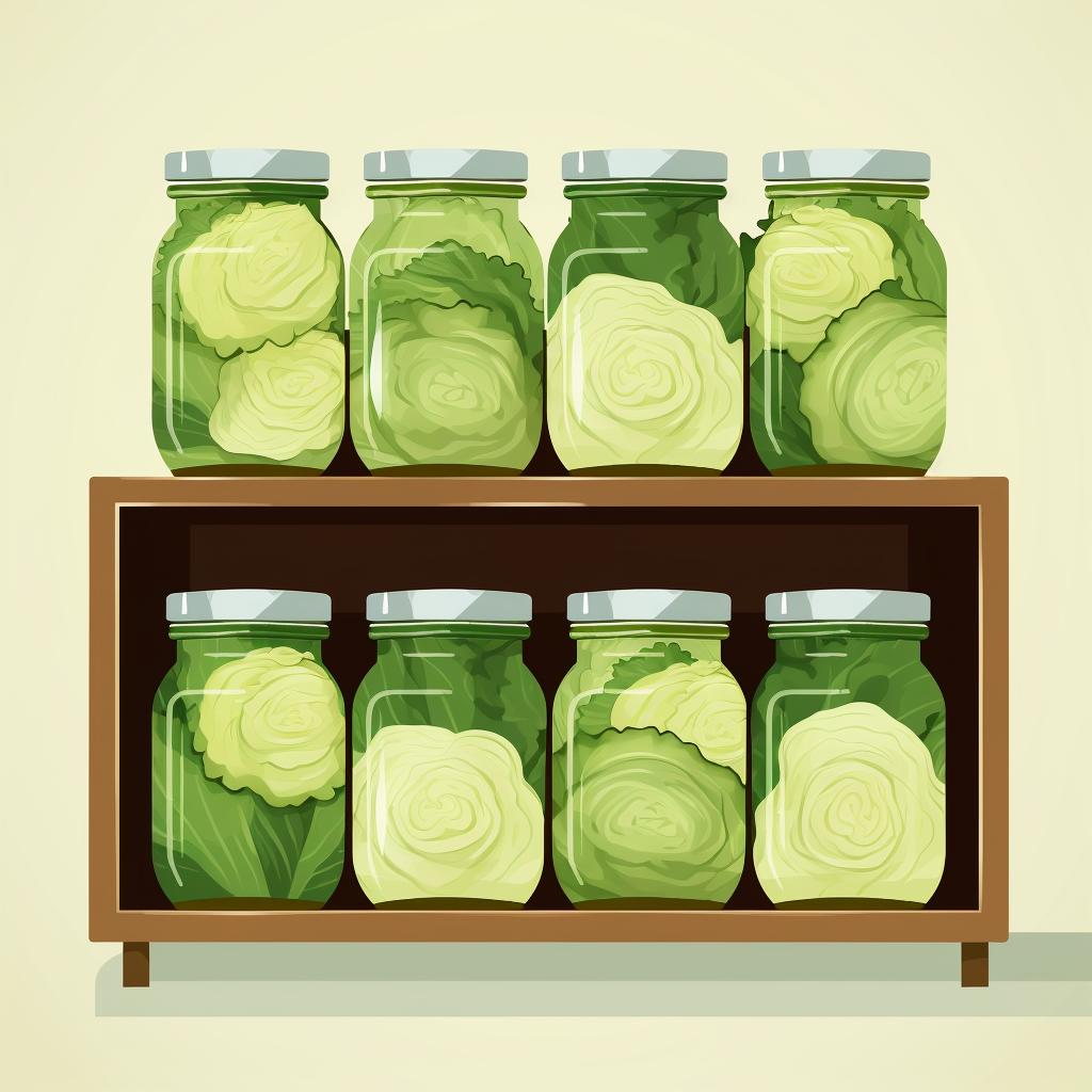 Cooled canning jars filled with cabbage on a shelf