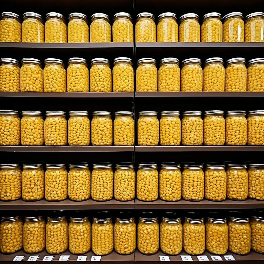 Canned corn neatly arranged on pantry shelves, symbolizing successful long-term storage