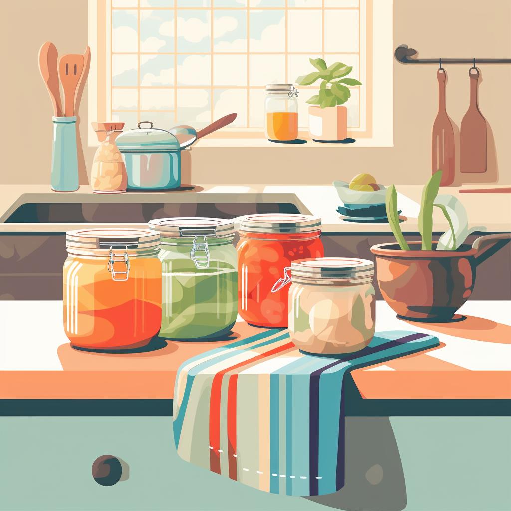 Canning jars, a large pot, a jar lifter, and clean towels spread out on a kitchen counter.