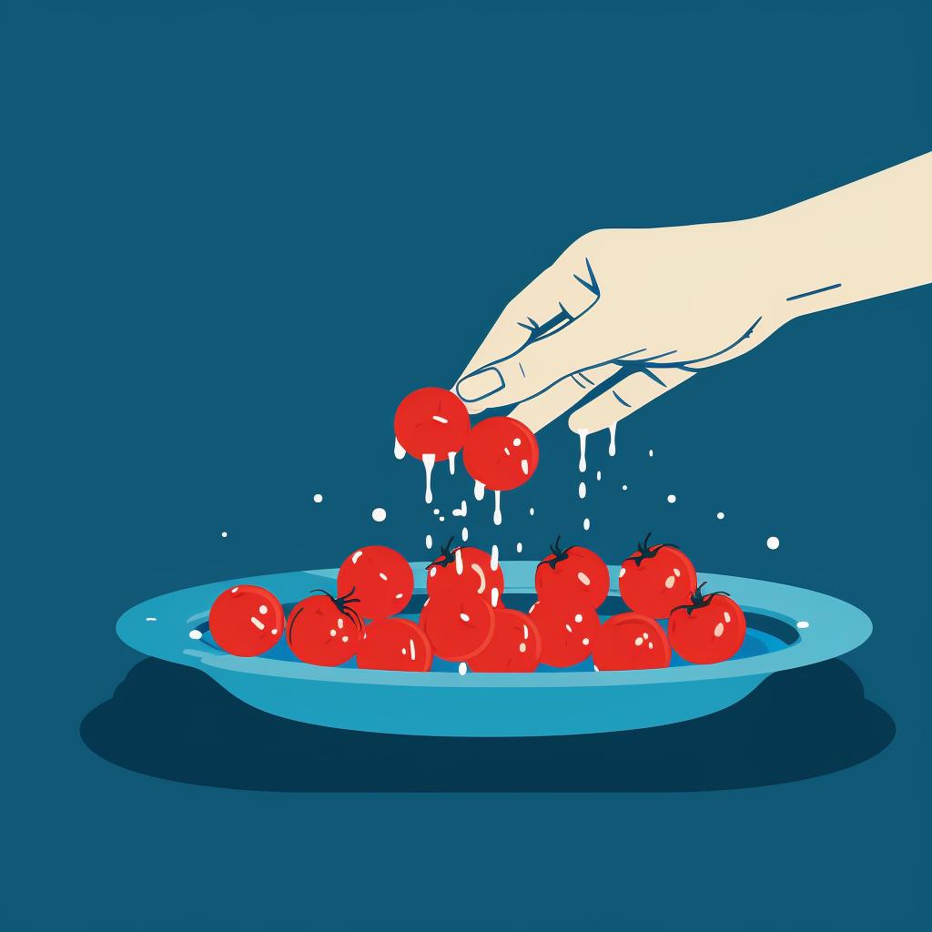 A hand washing cherry tomatoes under running water.