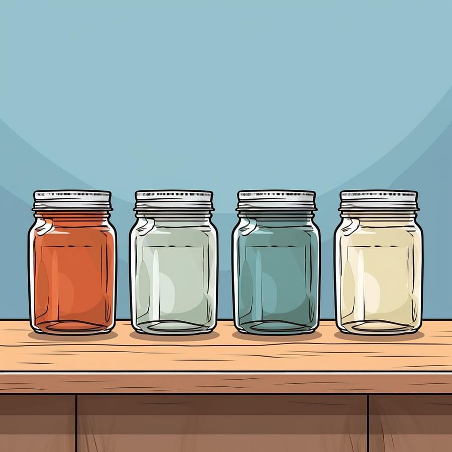 Clean, empty canning jars lined up on a kitchen counter.