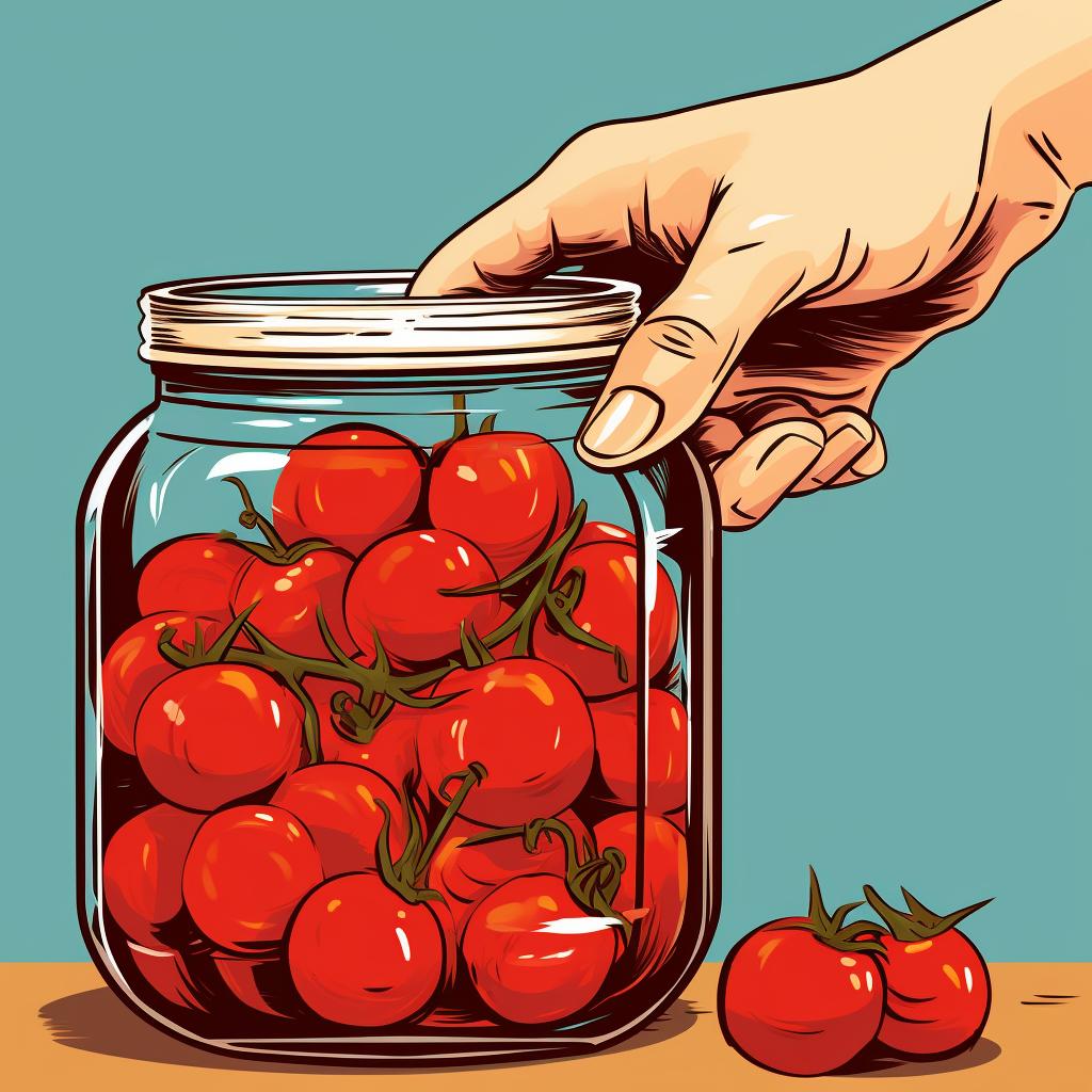 A hand filling a canning jar with cherry tomatoes.