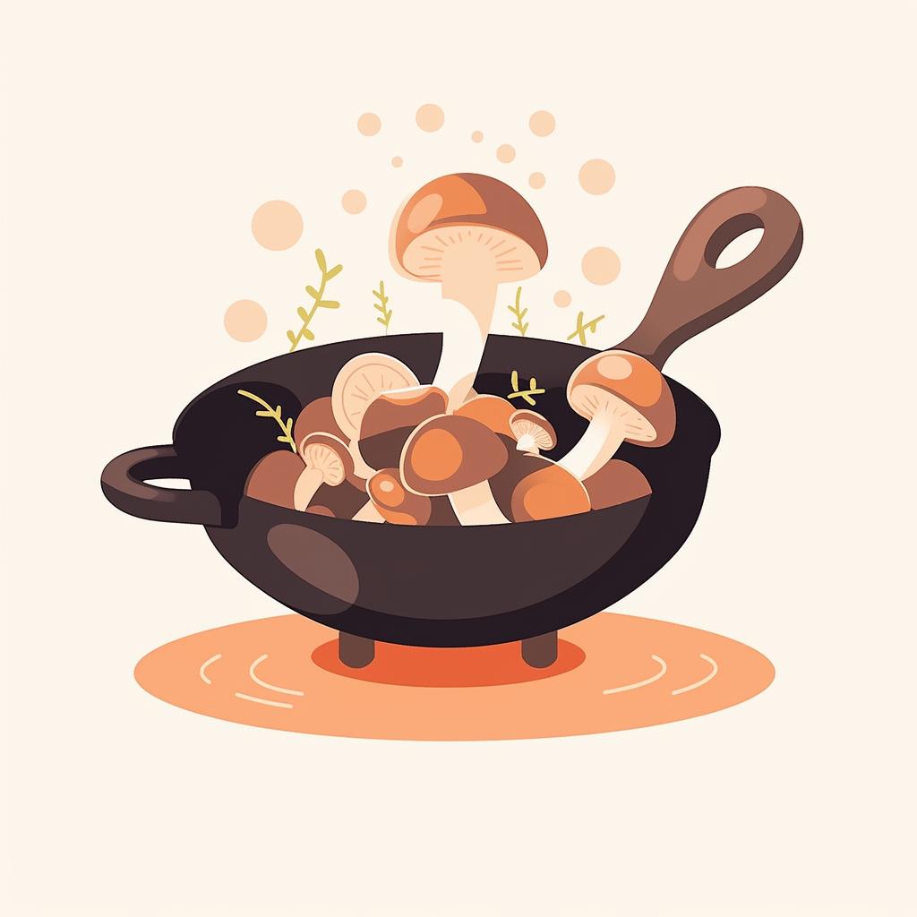 Mushrooms being sautéed in a pan.