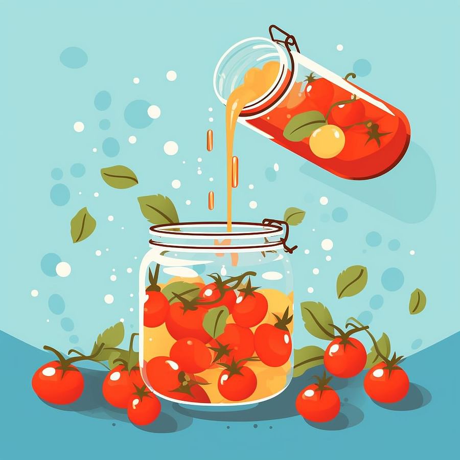 Brine being poured into a jar filled with cherry tomatoes.
