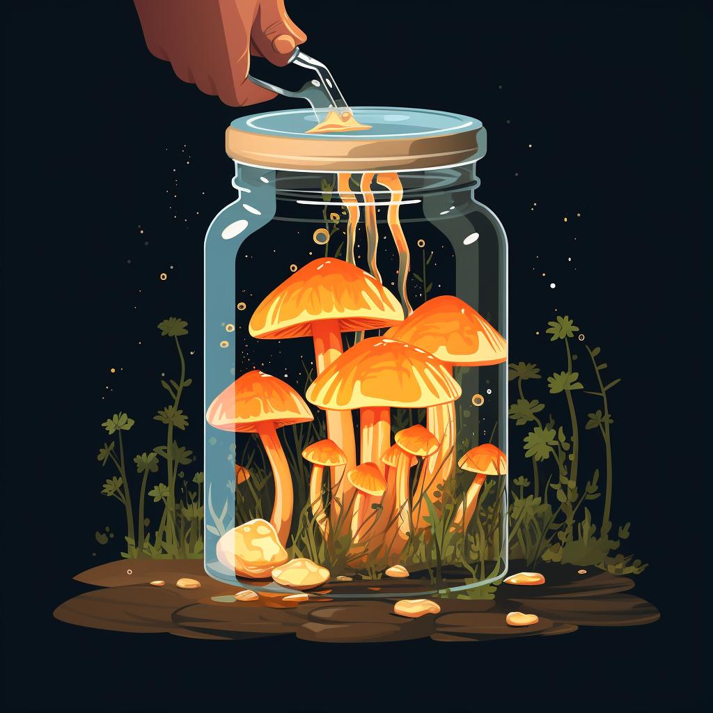 Mushrooms being packed into a canning jar, with hot liquid being poured over them.