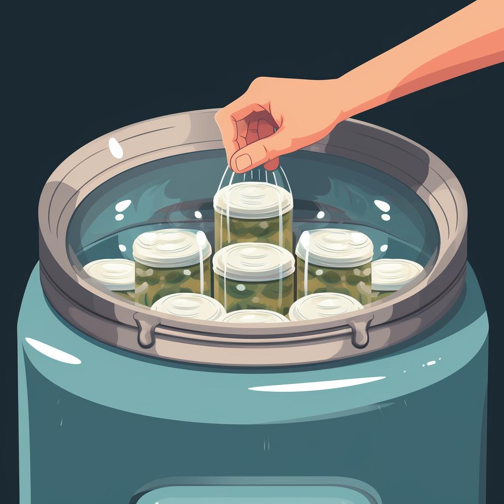 Canning jars being placed into a pressure canner.