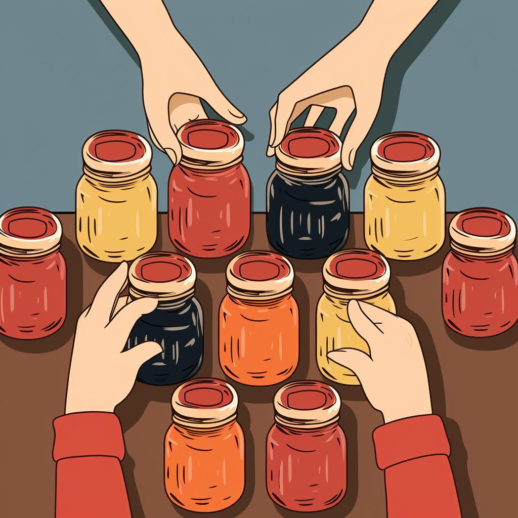 Hands securing canning lids on jars
