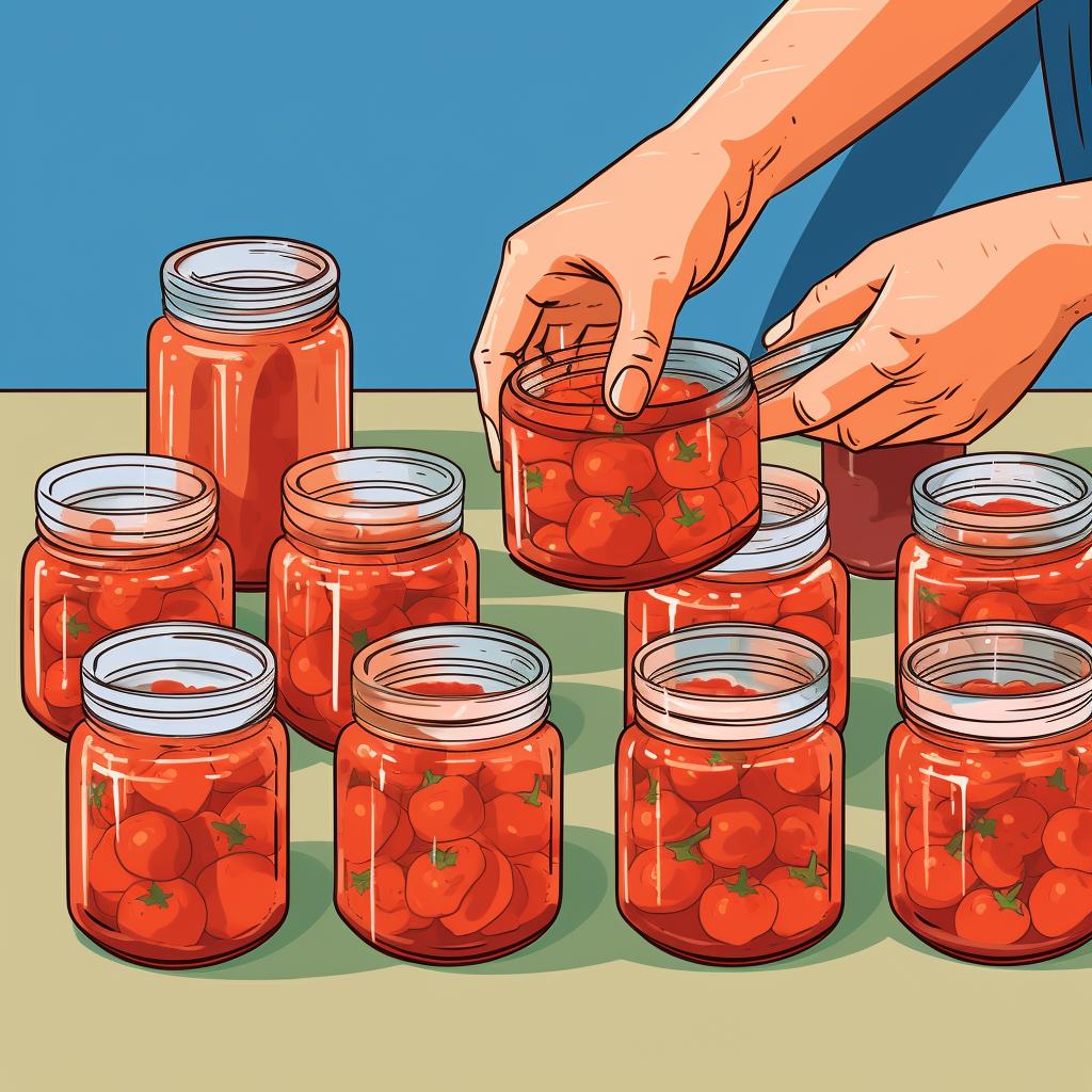 Cooled canning jars filled with diced tomatoes being checked for seal tightness.