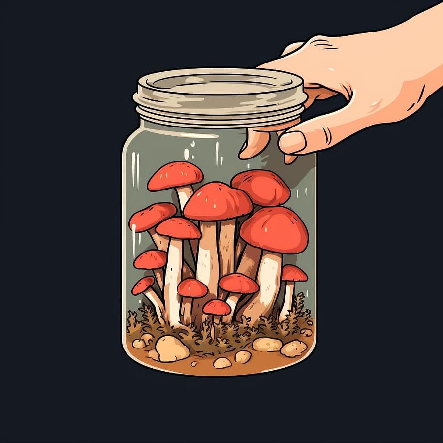 Hands placing a lid on a jar filled with mushrooms and tightening the ring.