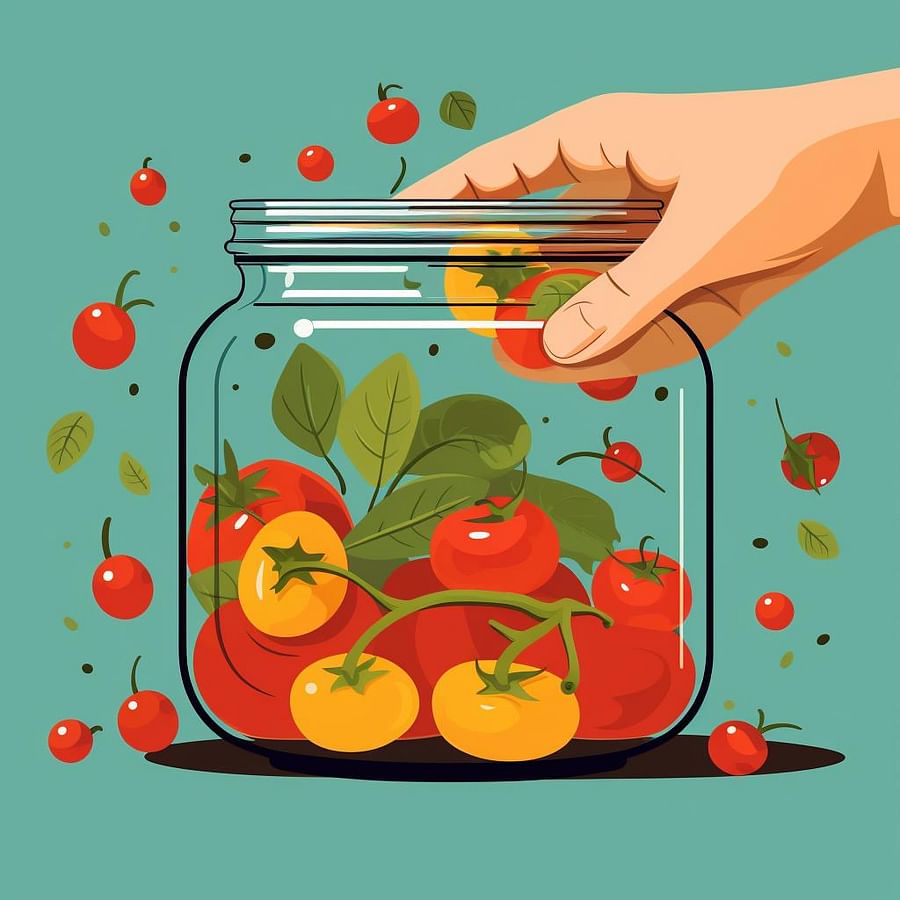A hand placing a lid on a jar filled with cherry tomatoes and brine.