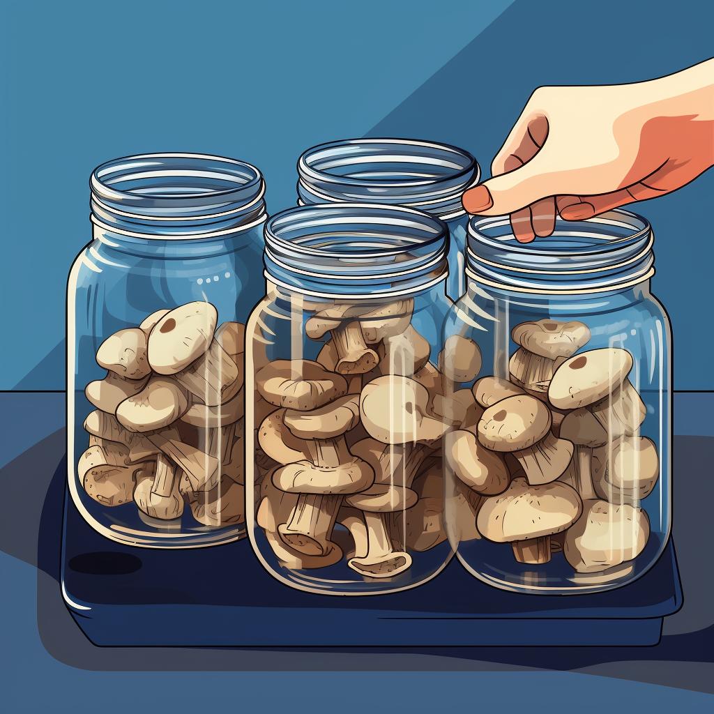 Canning jars filled with mushrooms being placed in a pressure canner.