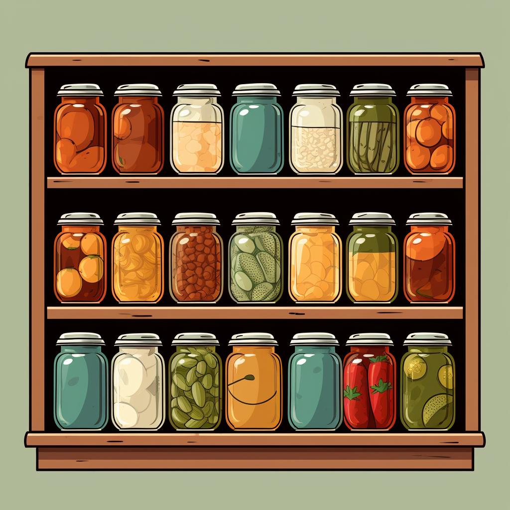 Sealed quart canning jars being stored on a pantry shelf