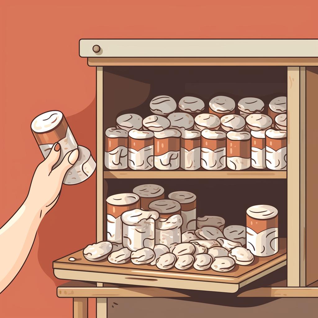 Canned mushrooms being placed on a storage shelf.