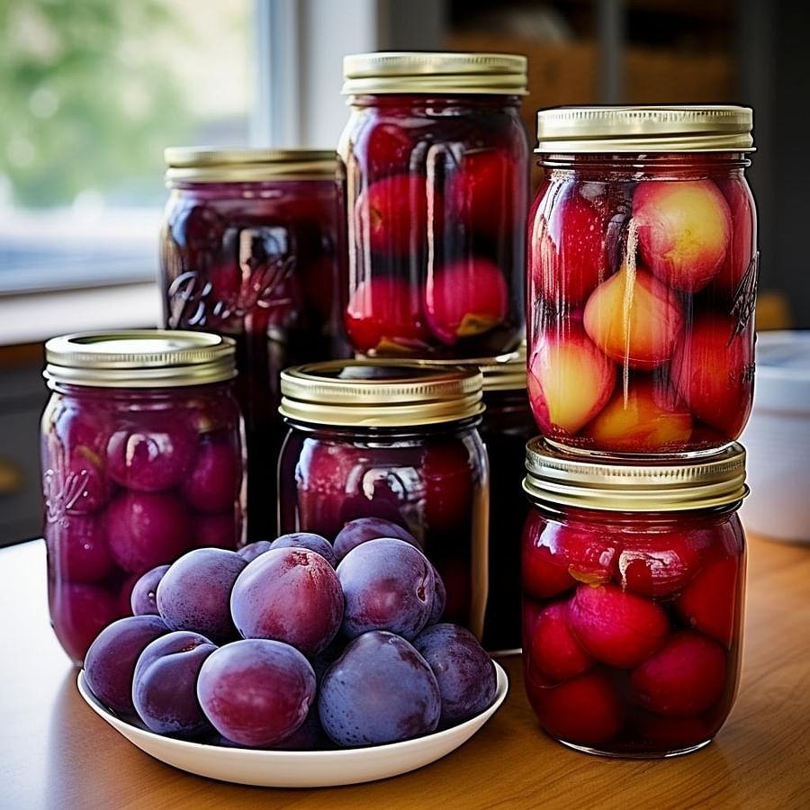 A variety of ripe, colorful plums ready for canning