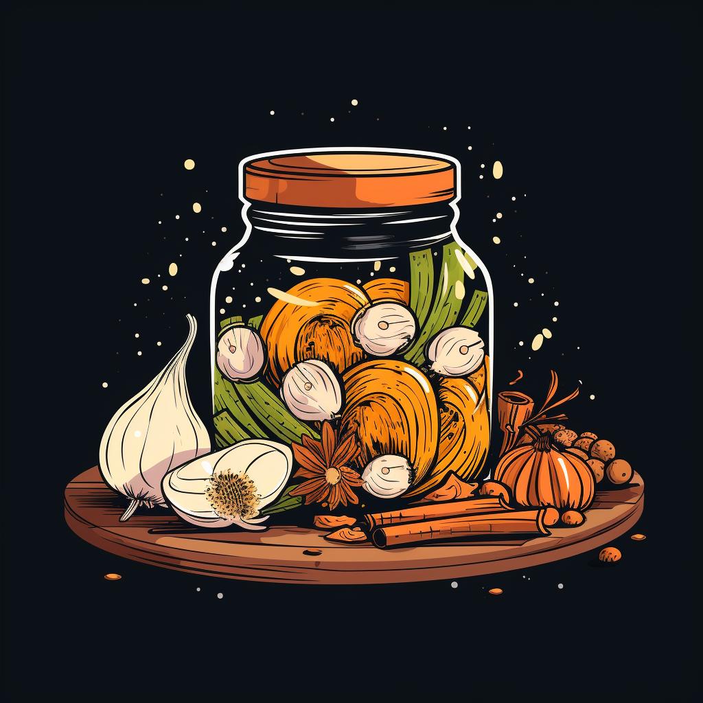 Spices being sprinkled over onions in a jar