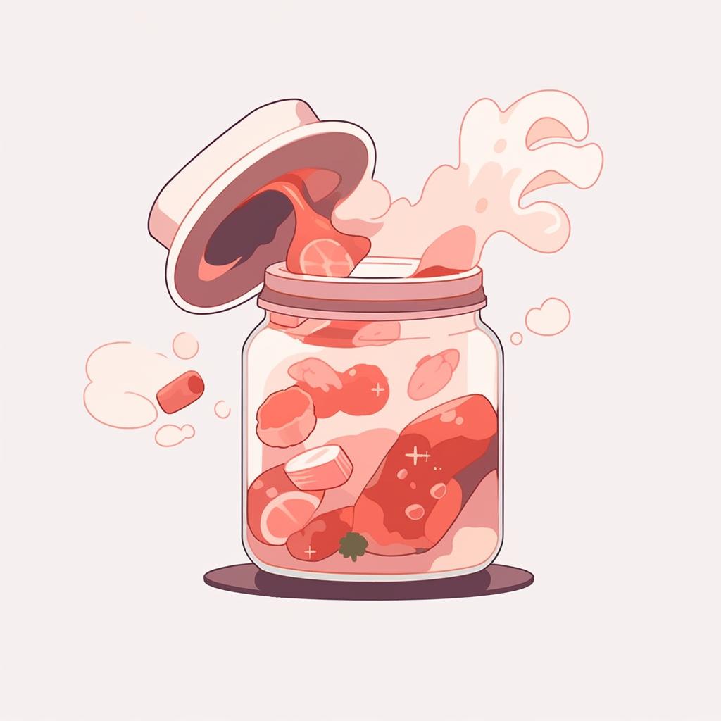 Pouring boiling liquid into a jar filled with meat.