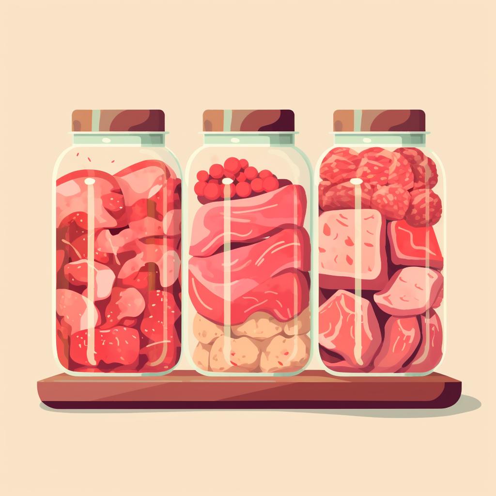 Jars filled with cut meat pieces, leaving some headspace at the top.