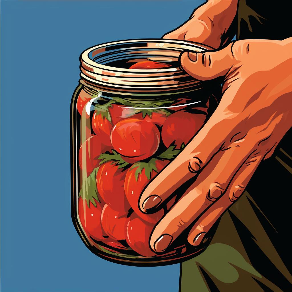 A person inspecting the lid of a canning jar.