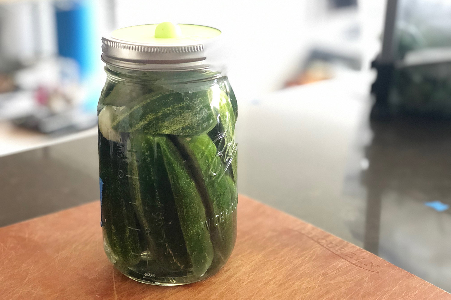 Fresh cucumbers soaking in pickling brine